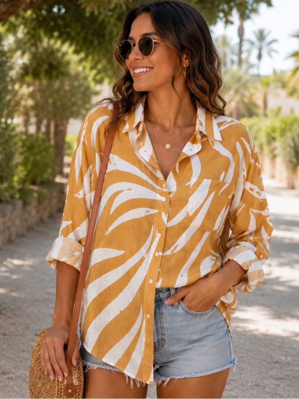 KikiSol Women's Mustard & White Tiger Printed Button-Up Blouse Boyfriend Shirt